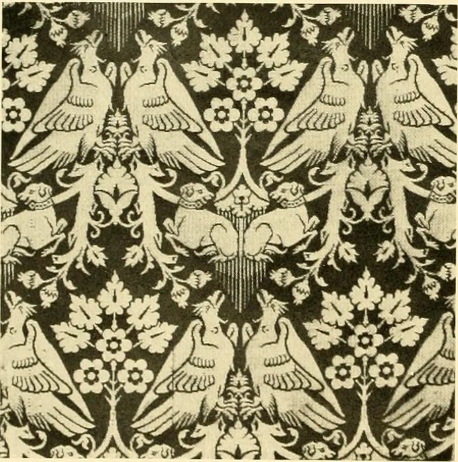 An illustration from Decorative textiles; an illustrated book on coverings for furniture, walls and floors, including damasks, brocades and velvets, tapestries, laces, embroideries, chintzes, cretones, drapery and furniture trimmings, wall papers, carpets and rugs, tooled and illuminated leathers, 1918, leaf 63