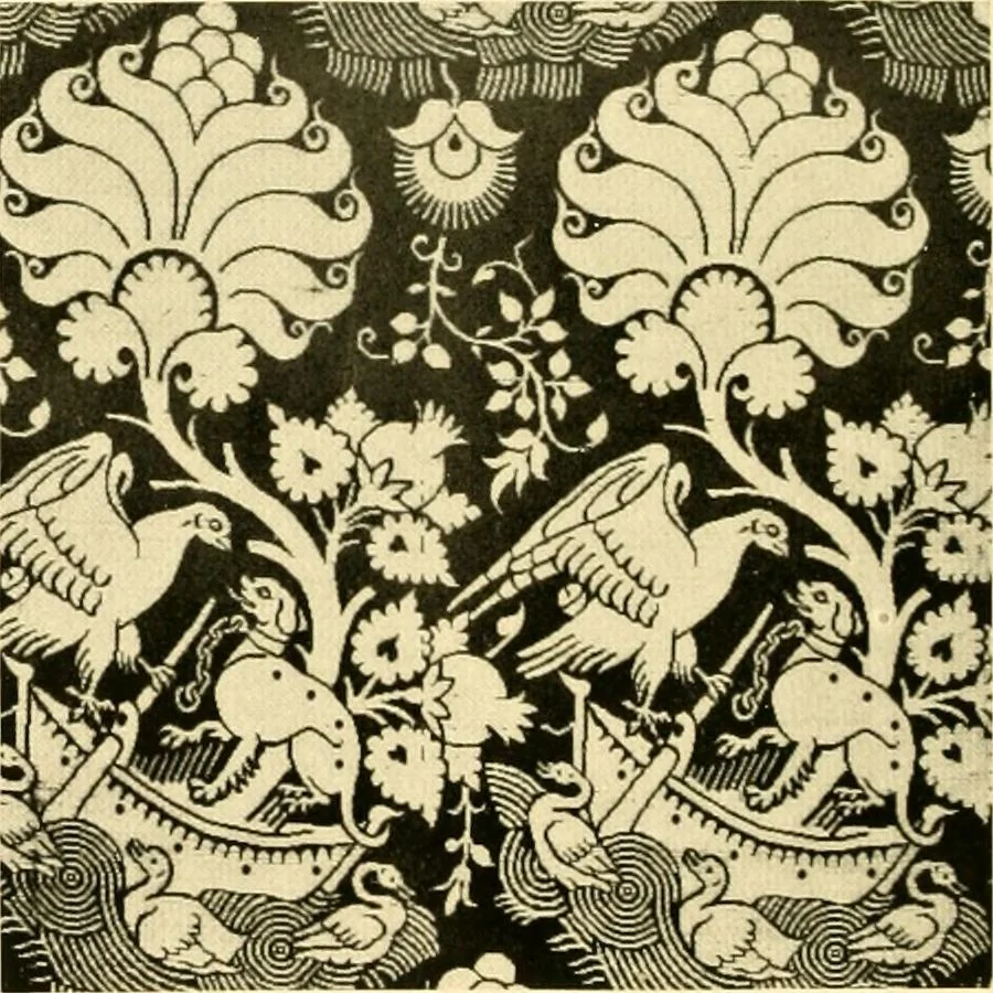 An illustration from Decorative textiles; an illustrated book on coverings for furniture, walls and floors, including damasks, brocades and velvets, tapestries, laces, embroideries, chintzes, cretones, drapery and furniture trimmings, wall papers, carpets and rugs, tooled and illuminated leathers, 1918, leaf 63