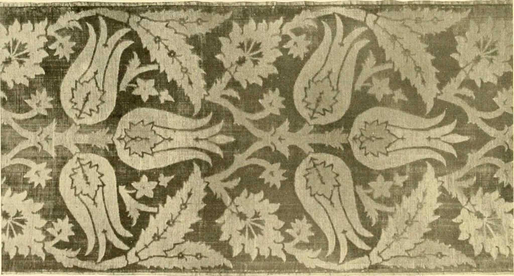 An illustration from Decorative textiles; an illustrated book on coverings for furniture, walls and floors, including damasks, brocades and velvets, tapestries, laces, embroideries, chintzes, cretones, drapery and furniture trimmings, wall papers, carpets and rugs, tooled and illuminated leathers, 1918, leaf 65