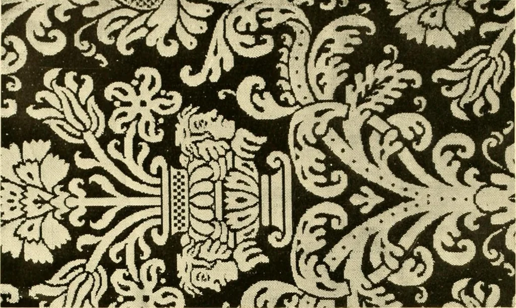 An illustration from Decorative textiles; an illustrated book on coverings for furniture, walls and floors, including damasks, brocades and velvets, tapestries, laces, embroideries, chintzes, cretones, drapery and furniture trimmings, wall papers, carpets and rugs, tooled and illuminated leathers, 1918, leaf 69