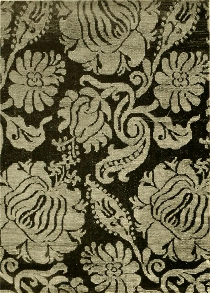An illustration from Decorative textiles; an illustrated book on coverings for furniture, walls and floors, including damasks, brocades and velvets, tapestries, laces, embroideries, chintzes, cretones, drapery and furniture trimmings, wall papers, carpets and rugs, tooled and illuminated leathers, 1918, leaf 71