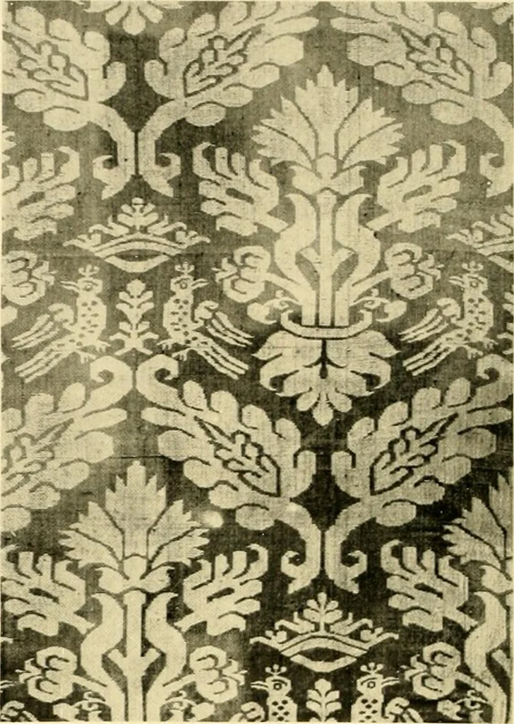 An illustration from Decorative textiles; an illustrated book on coverings for furniture, walls and floors, including damasks, brocades and velvets, tapestries, laces, embroideries, chintzes, cretones, drapery and furniture trimmings, wall papers, carpets and rugs, tooled and illuminated leathers, 1918, leaf 71