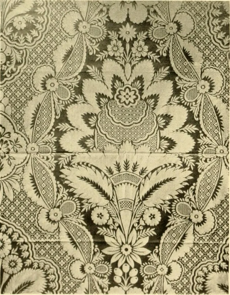 An illustration from Decorative textiles; an illustrated book on coverings for furniture, walls and floors, including damasks, brocades and velvets, tapestries, laces, embroideries, chintzes, cretones, drapery and furniture trimmings, wall papers, carpets and rugs, tooled and illuminated leathers, 1918, leaf 71