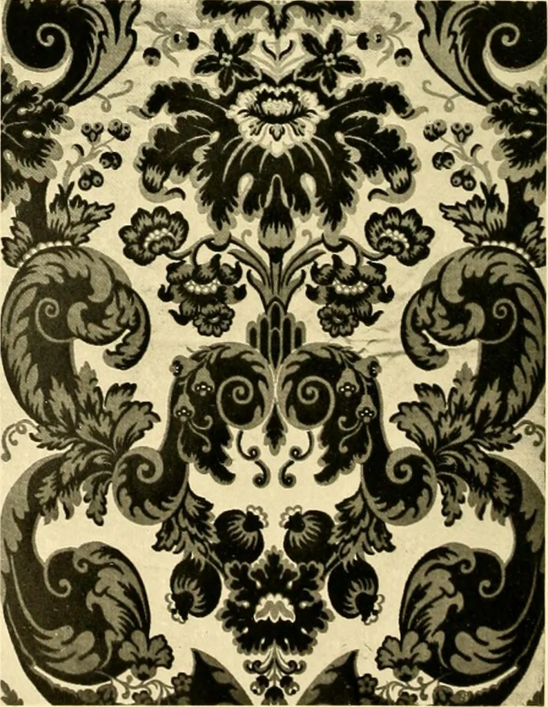 An illustration from Decorative textiles; an illustrated book on coverings for furniture, walls and floors, including damasks, brocades and velvets, tapestries, laces, embroideries, chintzes, cretones, drapery and furniture trimmings, wall papers, carpets and rugs, tooled and illuminated leathers, 1918, leaf 71