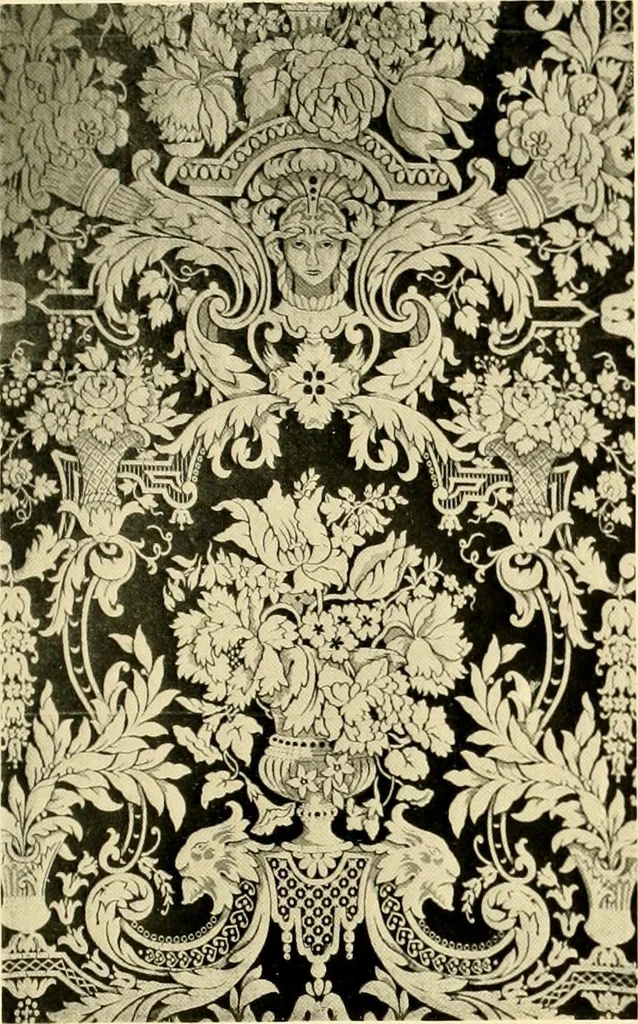 An illustration from Decorative textiles; an illustrated book on coverings for furniture, walls and floors, including damasks, brocades and velvets, tapestries, laces, embroideries, chintzes, cretones, drapery and furniture trimmings, wall papers, carpets and rugs, tooled and illuminated leathers, 1918, leaf 72