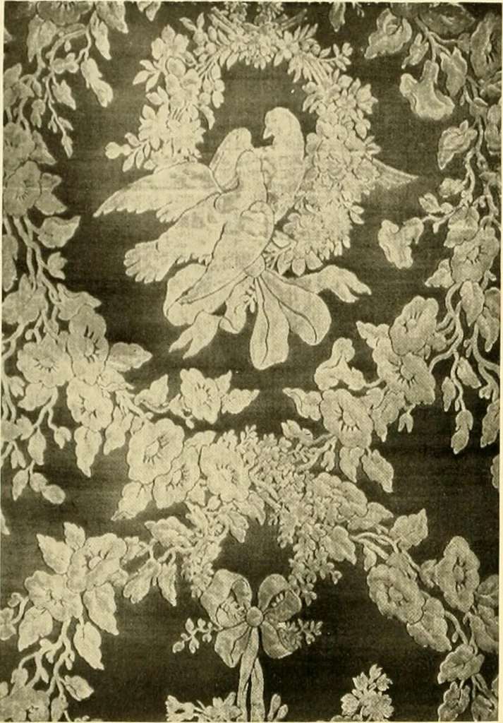 An illustration from Decorative textiles; an illustrated book on coverings for furniture, walls and floors, including damasks, brocades and velvets, tapestries, laces, embroideries, chintzes, cretones, drapery and furniture trimmings, wall papers, carpets and rugs, tooled and illuminated leathers, 1918, leaf 73