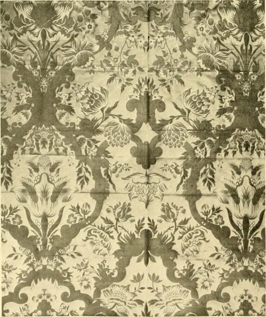 An illustration from Decorative textiles; an illustrated book on coverings for furniture, walls and floors, including damasks, brocades and velvets, tapestries, laces, embroideries, chintzes, cretones, drapery and furniture trimmings, wall papers, carpets and rugs, tooled and illuminated leathers, 1918, leaf 73