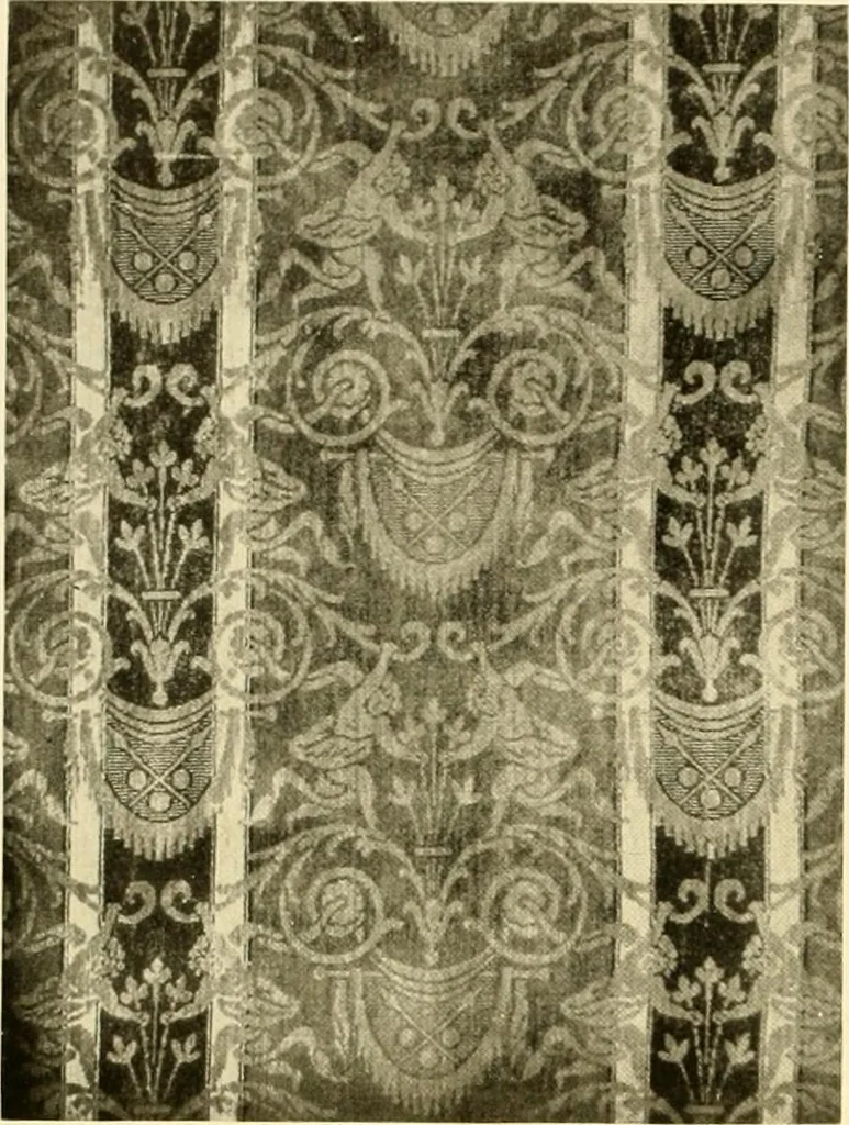 An illustration from Decorative textiles; an illustrated book on coverings for furniture, walls and floors, including damasks, brocades and velvets, tapestries, laces, embroideries, chintzes, cretones, drapery and furniture trimmings, wall papers, carpets and rugs, tooled and illuminated leathers, 1918, leaf 75