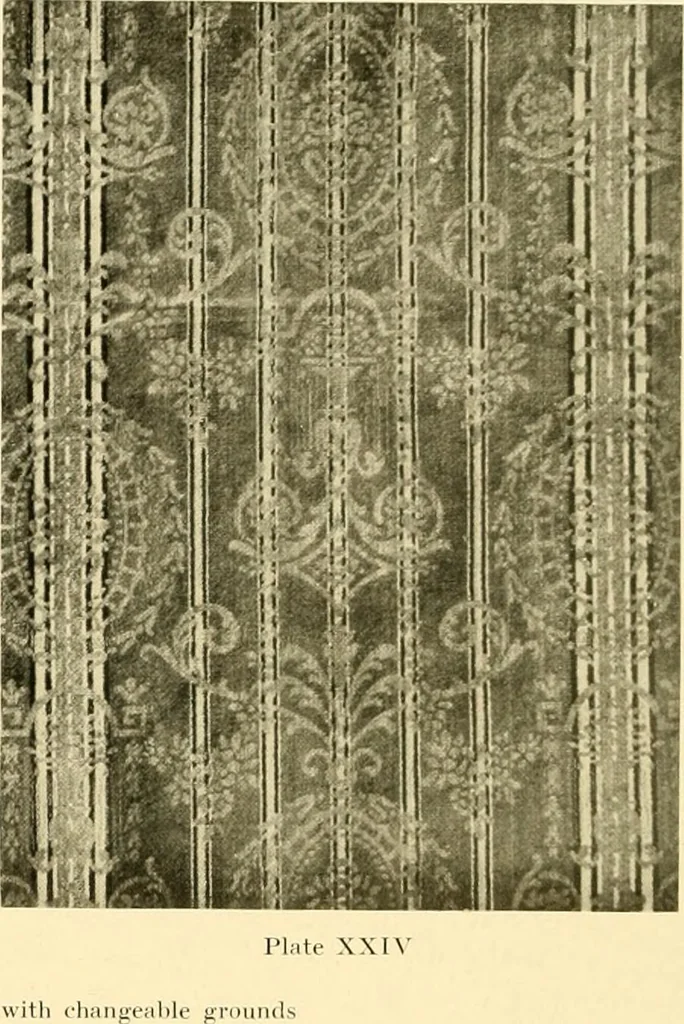 An illustration from Decorative textiles; an illustrated book on coverings for furniture, walls and floors, including damasks, brocades and velvets, tapestries, laces, embroideries, chintzes, cretones, drapery and furniture trimmings, wall papers, carpets and rugs, tooled and illuminated leathers, 1918, leaf 75