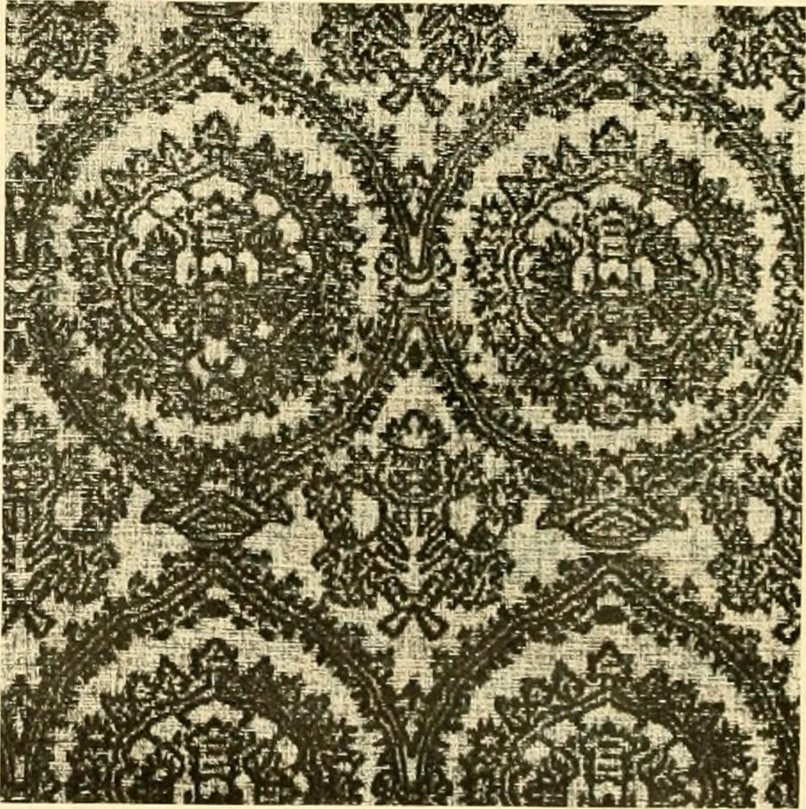 An illustration from Decorative textiles; an illustrated book on coverings for furniture, walls and floors, including damasks, brocades and velvets, tapestries, laces, embroideries, chintzes, cretones, drapery and furniture trimmings, wall papers, carpets and rugs, tooled and illuminated leathers, 1918, leaf 75
