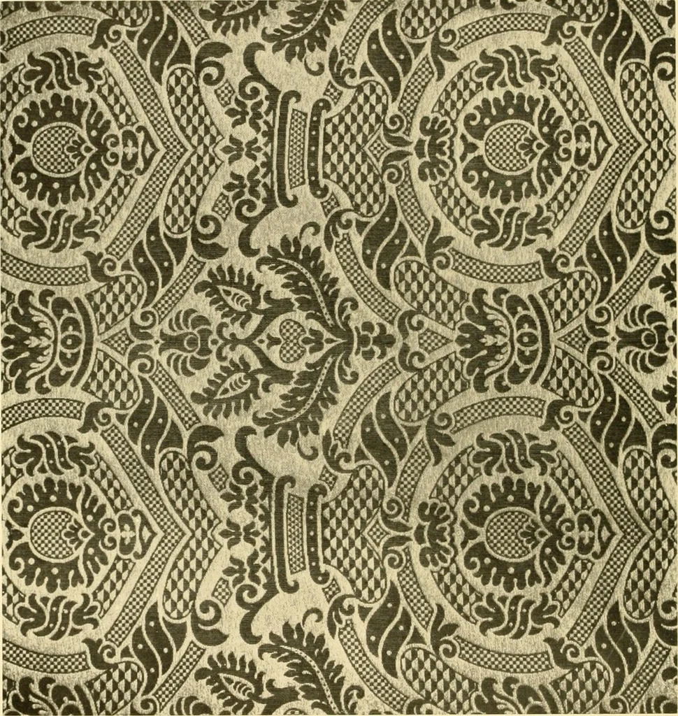 An illustration from Decorative textiles; an illustrated book on coverings for furniture, walls and floors, including damasks, brocades and velvets, tapestries, laces, embroideries, chintzes, cretones, drapery and furniture trimmings, wall papers, carpets and rugs, tooled and illuminated leathers, 1918, leaf 93