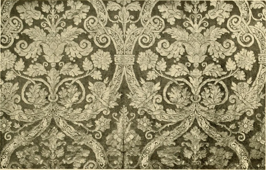 An illustration from Decorative textiles; an illustrated book on coverings for furniture, walls and floors, including damasks, brocades and velvets, tapestries, laces, embroideries, chintzes, cretones, drapery and furniture trimmings, wall papers, carpets and rugs, tooled and illuminated leathers, 1918, leaf 94