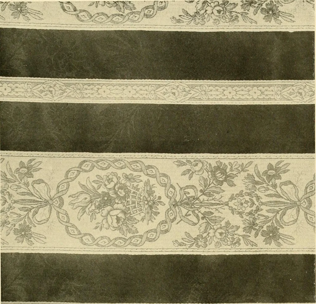 An illustration from Decorative textiles; an illustrated book on coverings for furniture, walls and floors, including damasks, brocades and velvets, tapestries, laces, embroideries, chintzes, cretones, drapery and furniture trimmings, wall papers, carpets and rugs, tooled and illuminated leathers, 1918, leaf 96