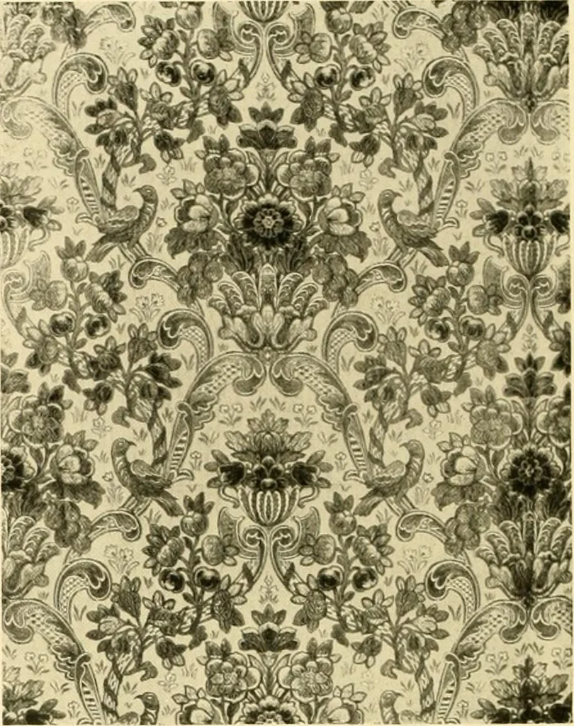 An illustration from Decorative textiles; an illustrated book on coverings for furniture, walls and floors, including damasks, brocades and velvets, tapestries, laces, embroideries, chintzes, cretones, drapery and furniture trimmings, wall papers, carpets and rugs, tooled and illuminated leathers, 1918, leaf 99