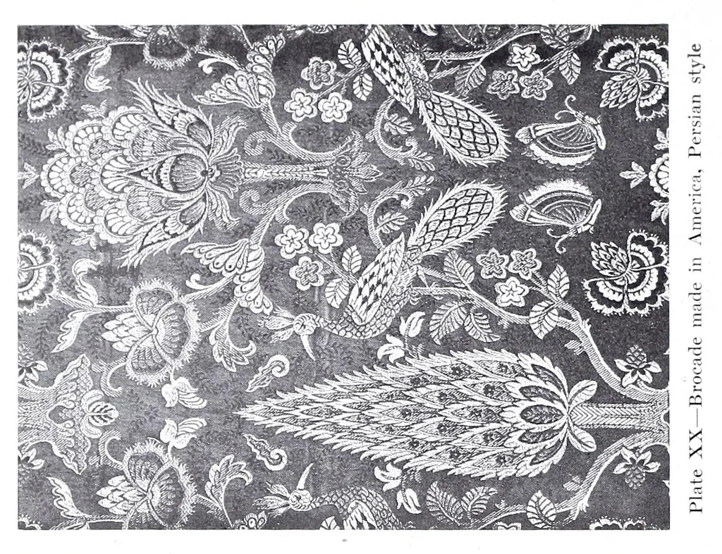 An illustration from Decorative textiles : an illustrated book on coverings for furniture, walls and floors, including damasks, brocades and velvets, tapestries, laces, embroideries, chintzes, cretonnes, drapery and furniture trimmings, wall papers, carpets and rugs, tooled and illuminated leathers, 1918, leaf 46