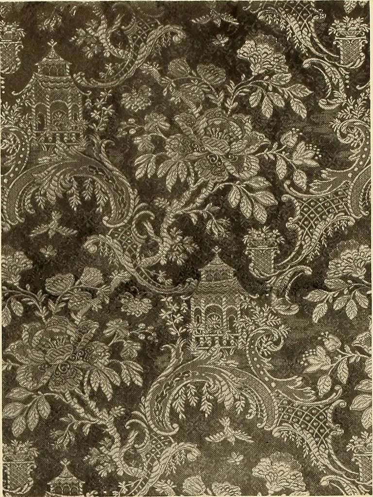 An illustration from Decorative textiles; an illustrated book on coverings for furniture, walls and floors, including damasks, brocades and velvets, tapestries, laces, embroideries, chintzes, cretonnes, drapery and furniture trimmings, wall papers, carpets and rugs, tooled and illuminated leathers, 1918, leaf 107