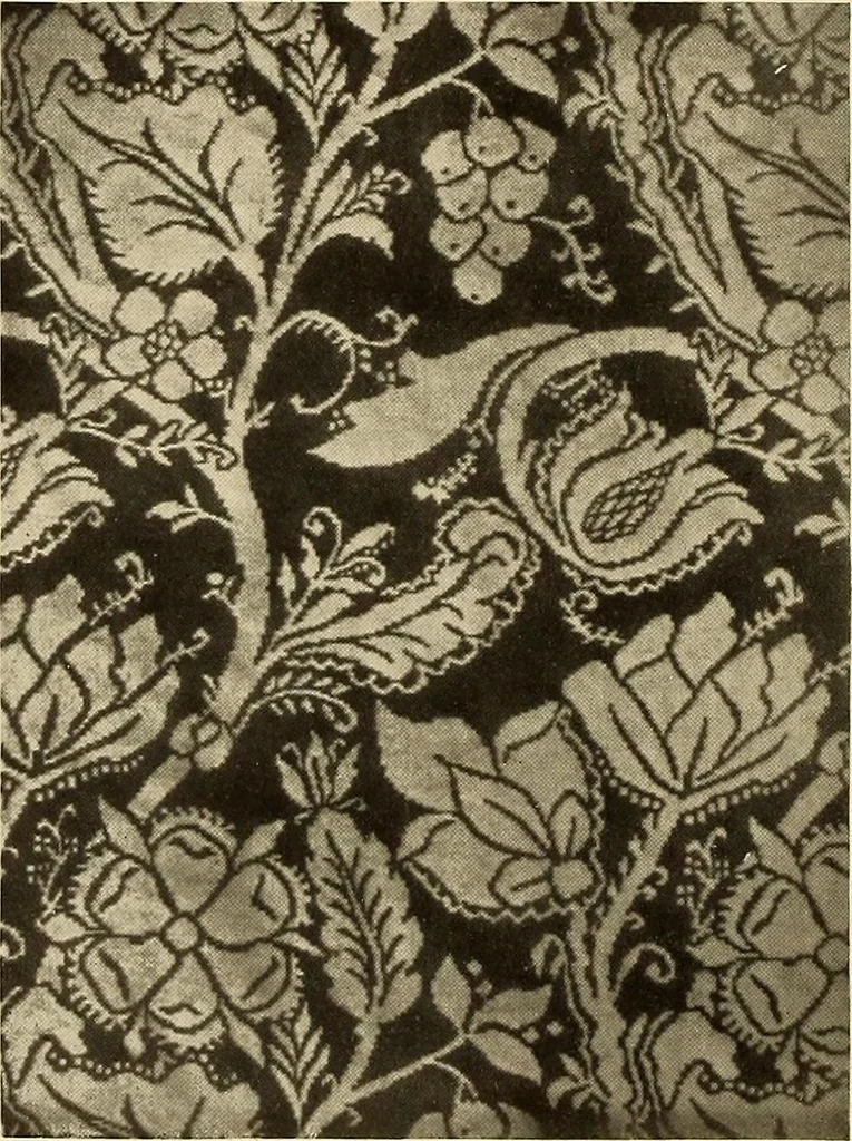 An illustration from Decorative textiles; an illustrated book on coverings for furniture, walls and floors, including damasks, brocades and velvets, tapestries, laces, embroideries, chintzes, cretonnes, drapery and furniture trimmings, wall papers, carpets and rugs, tooled and illuminated leathers, 1918, leaf 107