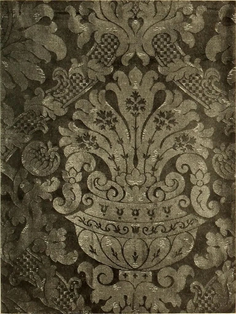 An illustration from Decorative textiles; an illustrated book on coverings for furniture, walls and floors, including damasks, brocades and velvets, tapestries, laces, embroideries, chintzes, cretonnes, drapery and furniture trimmings, wall papers, carpets and rugs, tooled and illuminated leathers, 1918, leaf 108