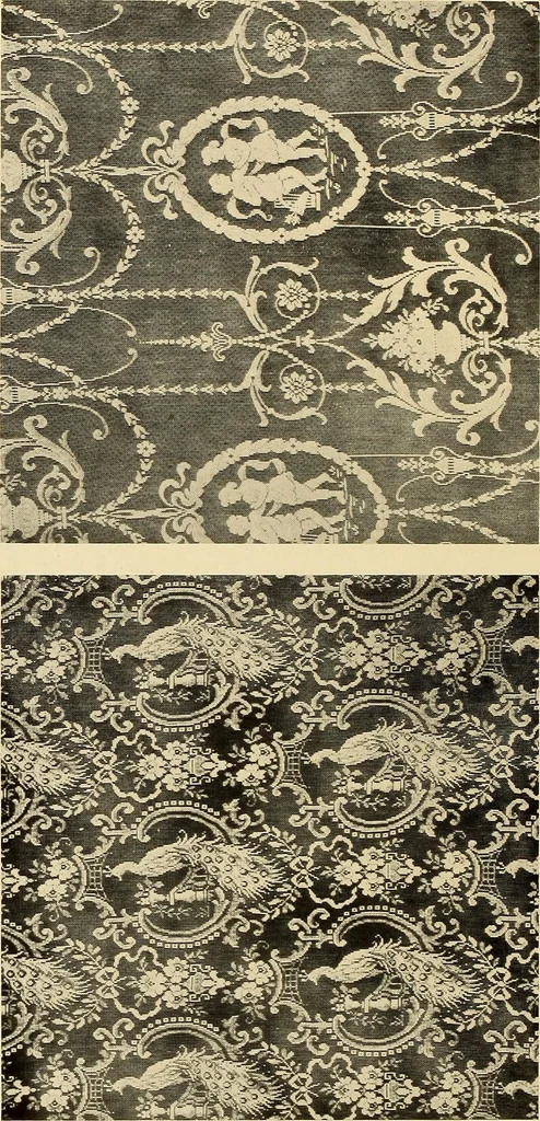 An illustration from Decorative textiles; an illustrated book on coverings for furniture, walls and floors, including damasks, brocades and velvets, tapestries, laces, embroideries, chintzes, cretonnes, drapery and furniture trimmings, wall papers, carpets and rugs, tooled and illuminated leathers, 1918, leaf 129