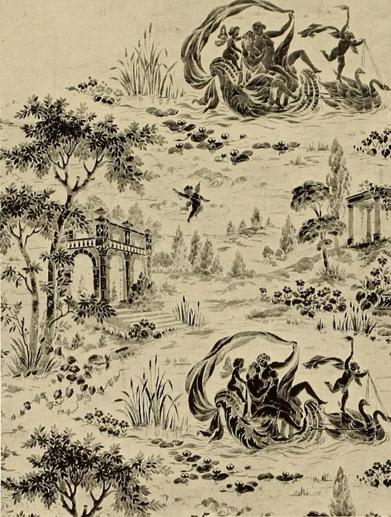 An illustration from Decorative textiles; an illustrated book on coverings for furniture, walls and floors, including damasks, brocades and velvets, tapestries, laces, embroideries, chintzes, cretonnes, drapery and furniture trimmings, wall papers, carpets and rugs, tooled and illuminated leathers, 1918, leaf 130