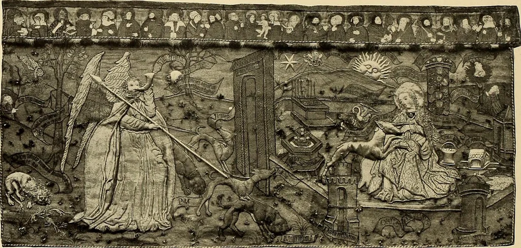 An illustration from Decorative textiles; an illustrated book on coverings for furniture, walls and floors, including damasks, brocades and velvets, tapestries, laces, embroideries, chintzes, cretonnes, drapery and furniture trimmings, wall papers, carpets and rugs, tooled and illuminated leathers, 1918, leaf 139