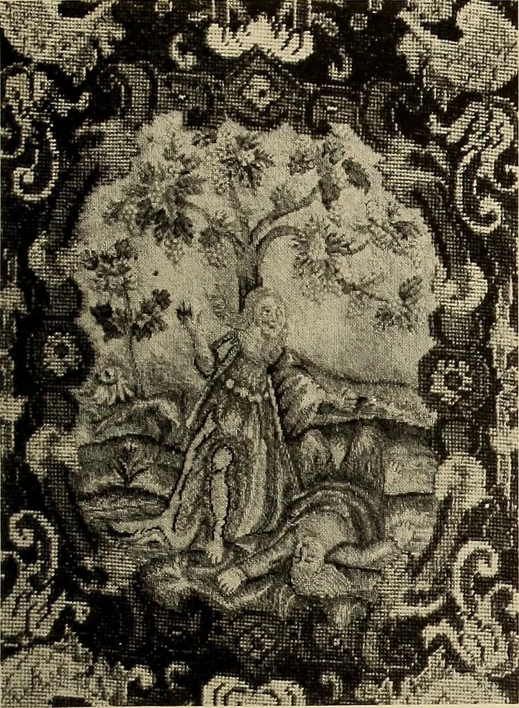 An illustration from Decorative textiles; an illustrated book on coverings for furniture, walls and floors, including damasks, brocades and velvets, tapestries, laces, embroideries, chintzes, cretonnes, drapery and furniture trimmings, wall papers, carpets and rugs, tooled and illuminated leathers, 1918, leaf 144