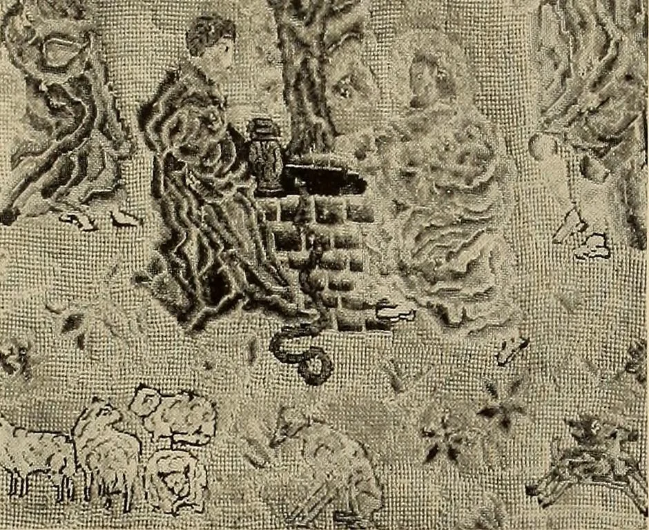 An illustration from Decorative textiles; an illustrated book on coverings for furniture, walls and floors, including damasks, brocades and velvets, tapestries, laces, embroideries, chintzes, cretonnes, drapery and furniture trimmings, wall papers, carpets and rugs, tooled and illuminated leathers, 1918, leaf 144