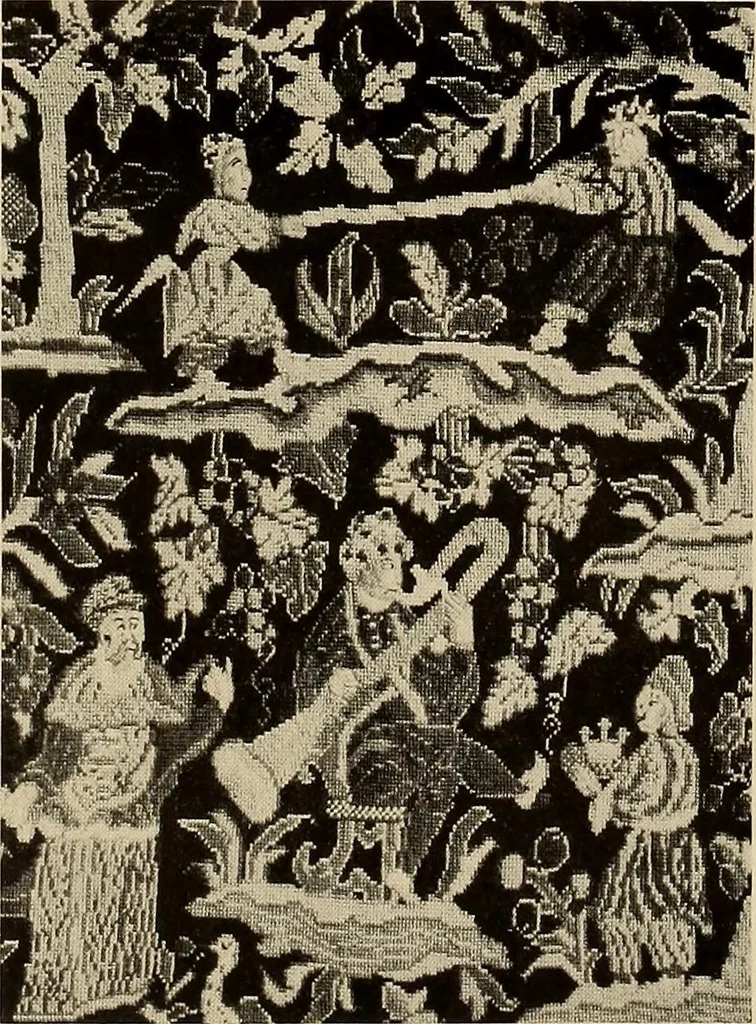 An illustration from Decorative textiles; an illustrated book on coverings for furniture, walls and floors, including damasks, brocades and velvets, tapestries, laces, embroideries, chintzes, cretonnes, drapery and furniture trimmings, wall papers, carpets and rugs, tooled and illuminated leathers, 1918, leaf 144