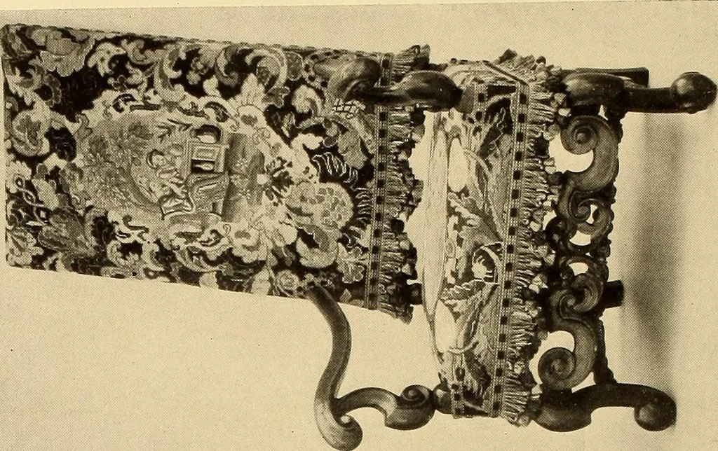 An illustration from Decorative textiles; an illustrated book on coverings for furniture, walls and floors, including damasks, brocades and velvets, tapestries, laces, embroideries, chintzes, cretonnes, drapery and furniture trimmings, wall papers, carpets and rugs, tooled and illuminated leathers, 1918, leaf 145