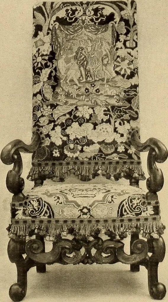 An illustration from Decorative textiles; an illustrated book on coverings for furniture, walls and floors, including damasks, brocades and velvets, tapestries, laces, embroideries, chintzes, cretonnes, drapery and furniture trimmings, wall papers, carpets and rugs, tooled and illuminated leathers, 1918, leaf 145
