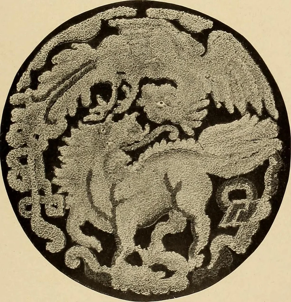 An illustration from Decorative textiles; an illustrated book on coverings for furniture, walls and floors, including damasks, brocades and velvets, tapestries, laces, embroideries, chintzes, cretonnes, drapery and furniture trimmings, wall papers, carpets and rugs, tooled and illuminated leathers, 1918, leaf 146