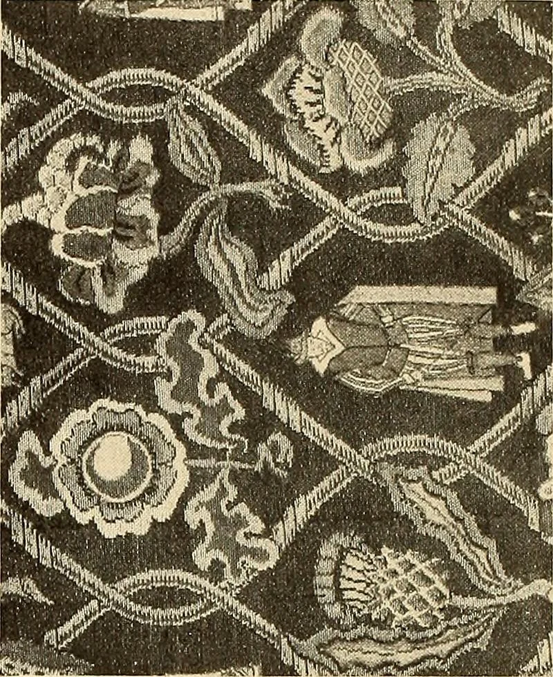 An illustration from Decorative textiles; an illustrated book on coverings for furniture, walls and floors, including damasks, brocades and velvets, tapestries, laces, embroideries, chintzes, cretonnes, drapery and furniture trimmings, wall papers, carpets and rugs, tooled and illuminated leathers, 1918, leaf 149