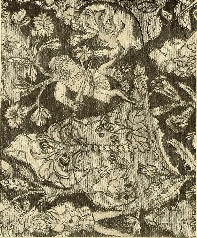 An illustration from Decorative textiles; an illustrated book on coverings for furniture, walls and floors, including damasks, brocades and velvets, tapestries, laces, embroideries, chintzes, cretonnes, drapery and furniture trimmings, wall papers, carpets and rugs, tooled and illuminated leathers, 1918, leaf 149