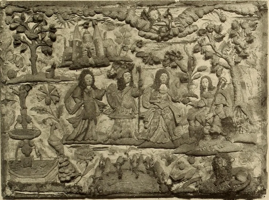 An illustration from Decorative textiles; an illustrated book on coverings for furniture, walls and floors, including damasks, brocades and velvets, tapestries, laces, embroideries, chintzes, cretonnes, drapery and furniture trimmings, wall papers, carpets and rugs, tooled and illuminated leathers, 1918, leaf 152
