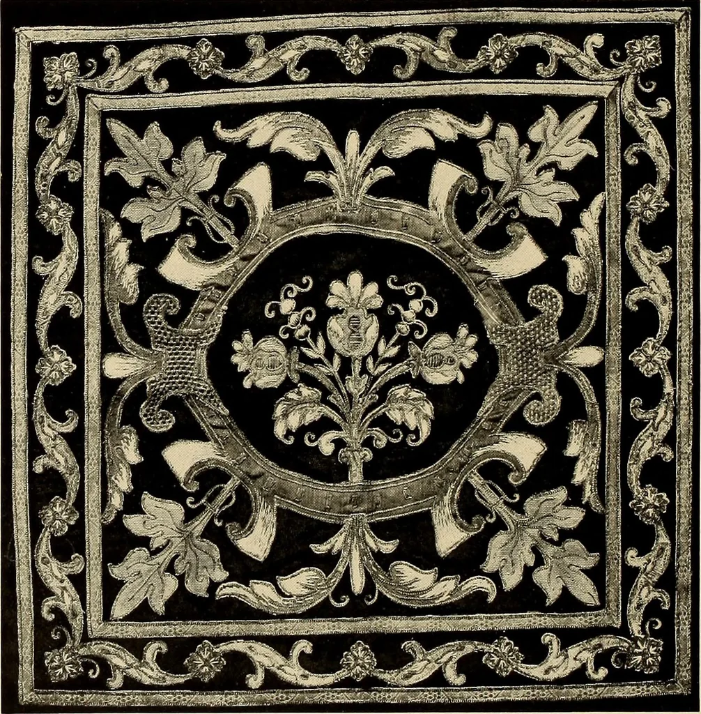 An illustration from Decorative textiles; an illustrated book on coverings for furniture, walls and floors, including damasks, brocades and velvets, tapestries, laces, embroideries, chintzes, cretonnes, drapery and furniture trimmings, wall papers, carpets and rugs, tooled and illuminated leathers, 1918, leaf 155