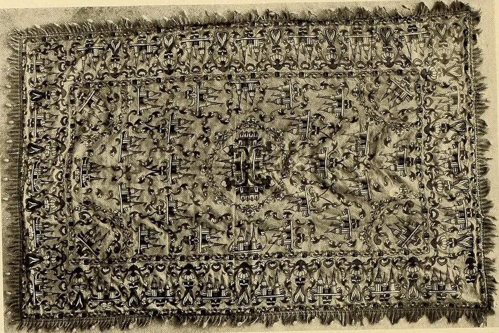An illustration from Decorative textiles; an illustrated book on coverings for furniture, walls and floors, including damasks, brocades and velvets, tapestries, laces, embroideries, chintzes, cretonnes, drapery and furniture trimmings, wall papers, carpets and rugs, tooled and illuminated leathers, 1918, leaf 163