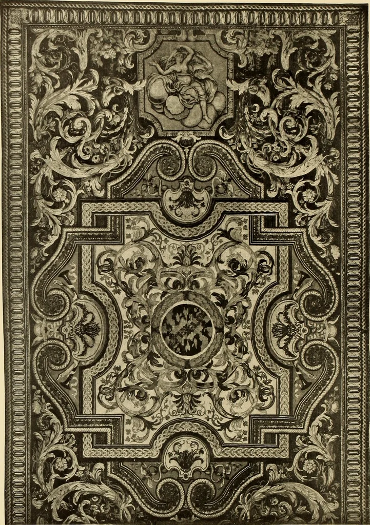 An illustration from Decorative textiles; an illustrated book on coverings for furniture, walls and floors, including damasks, brocades and velvets, tapestries, laces, embroideries, chintzes, cretonnes, drapery and furniture trimmings, wall papers, carpets and rugs, tooled and illuminated leathers, 1918, leaf 169