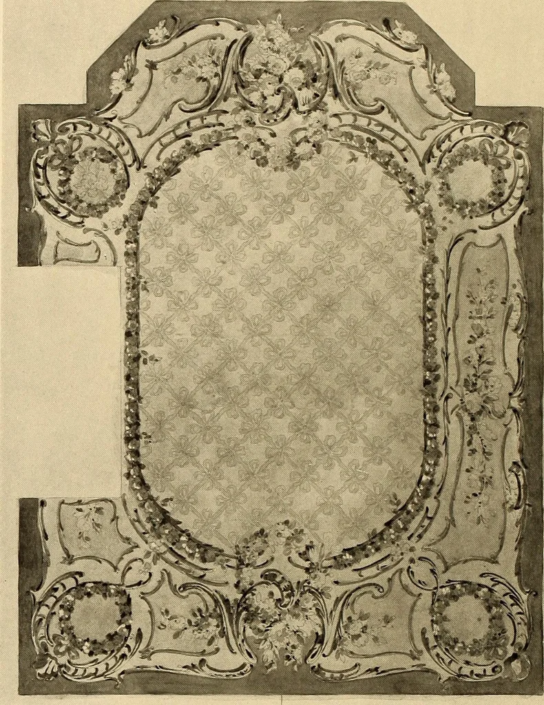 An illustration from Decorative textiles; an illustrated book on coverings for furniture, walls and floors, including damasks, brocades and velvets, tapestries, laces, embroideries, chintzes, cretonnes, drapery and furniture trimmings, wall papers, carpets and rugs, tooled and illuminated leathers, 1918, leaf 173