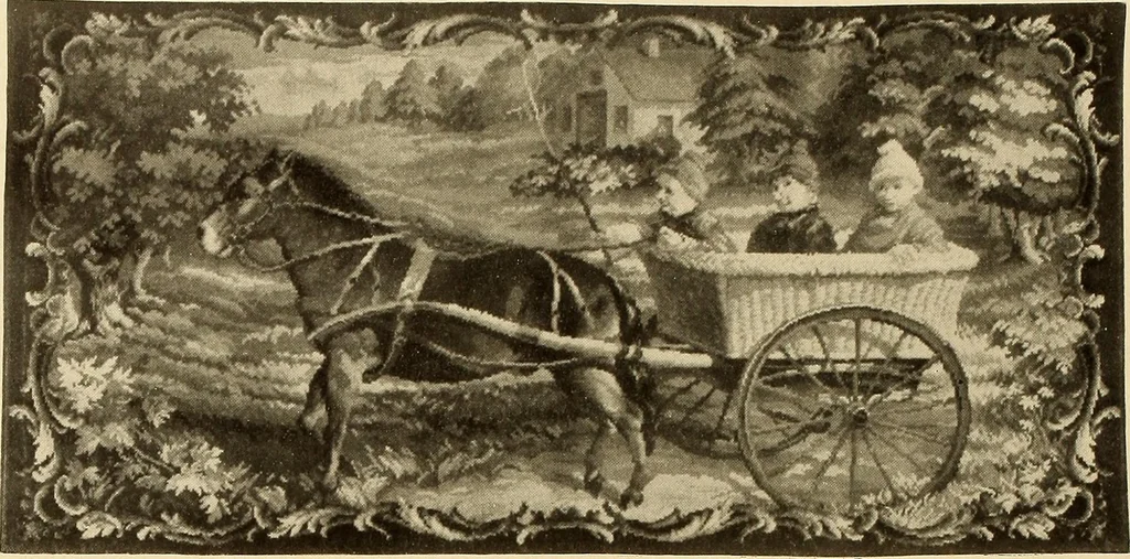 An illustration from Decorative textiles; an illustrated book on coverings for furniture, walls and floors, including damasks, brocades and velvets, tapestries, laces, embroideries, chintzes, cretonnes, drapery and furniture trimmings, wall papers, carpets and rugs, tooled and illuminated leathers, 1918, leaf 195
