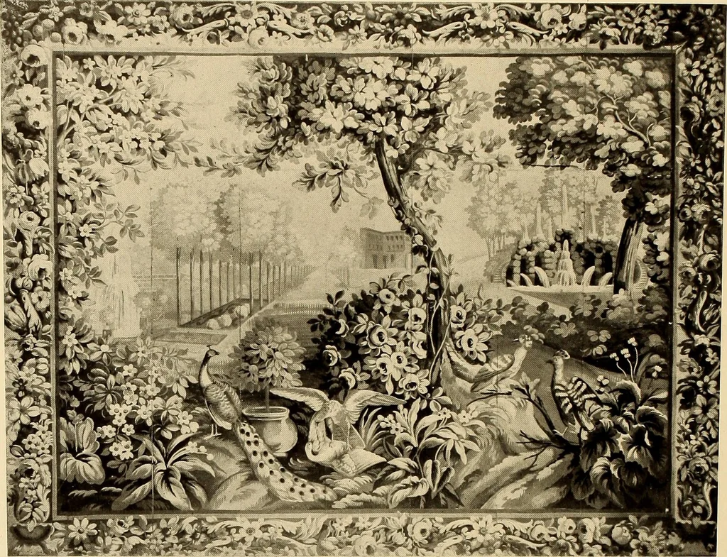 An illustration from Decorative textiles; an illustrated book on coverings for furniture, walls and floors, including damasks, brocades and velvets, tapestries, laces, embroideries, chintzes, cretonnes, drapery and furniture trimmings, wall papers, carpets and rugs, tooled and illuminated leathers, 1918, leaf 261