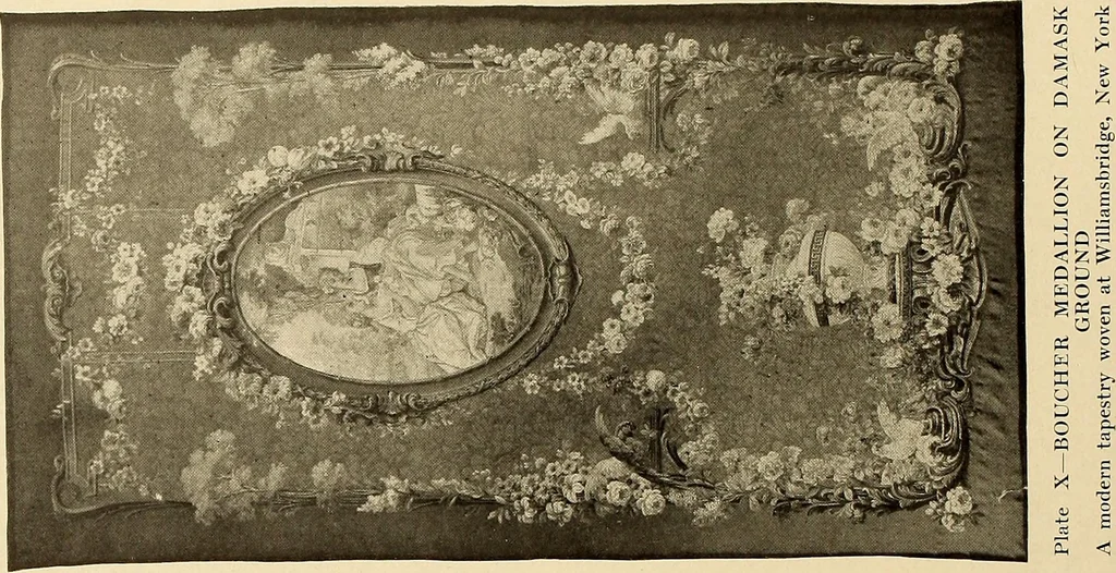 An illustration from Decorative textiles; an illustrated book on coverings for furniture, walls and floors, including damasks, brocades and velvets, tapestries, laces, embroideries, chintzes, cretonnes, drapery and furniture trimmings, wall papers, carpets and rugs, tooled and illuminated leathers, 1918, leaf 267