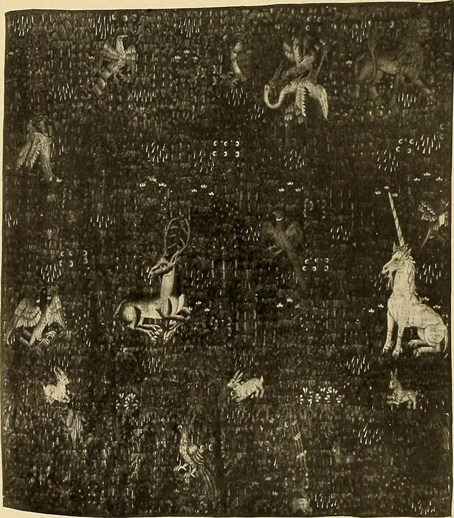 An illustration from Decorative textiles; an illustrated book on coverings for furniture, walls and floors, including damasks, brocades and velvets, tapestries, laces, embroideries, chintzes, cretonnes, drapery and furniture trimmings, wall papers, carpets and rugs, tooled and illuminated leathers, 1918, leaf 277
