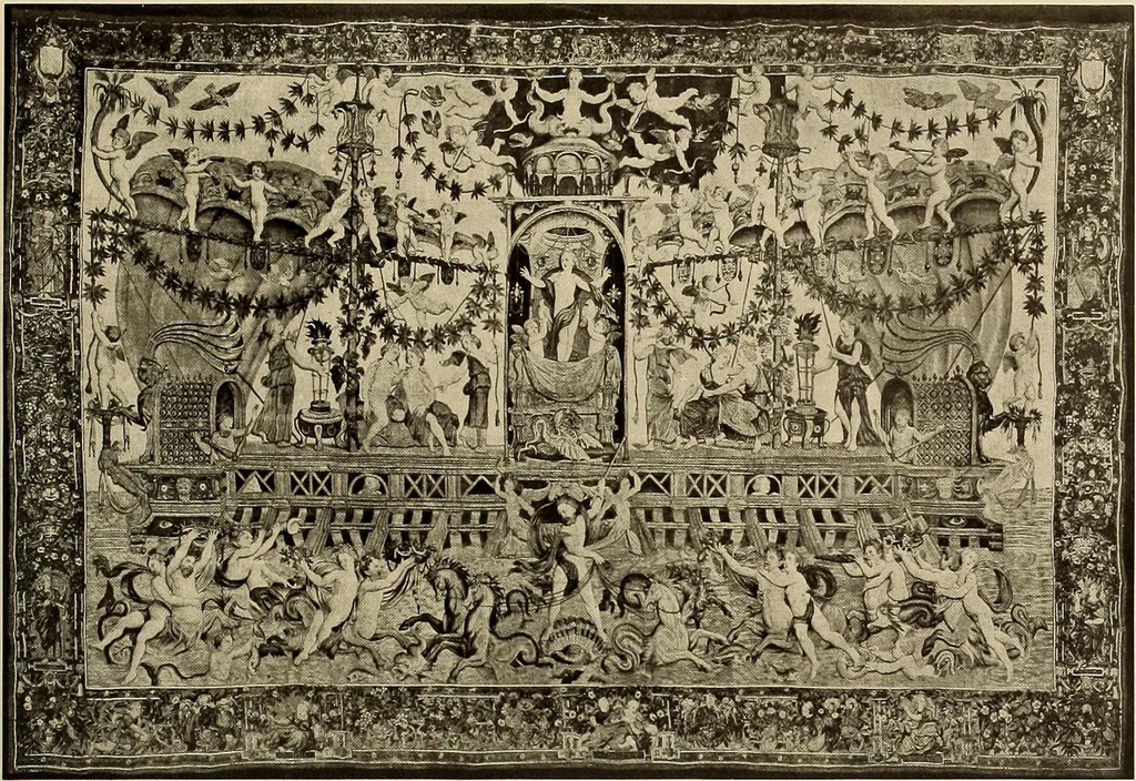 An illustration from Decorative textiles; an illustrated book on coverings for furniture, walls and floors, including damasks, brocades and velvets, tapestries, laces, embroideries, chintzes, cretonnes, drapery and furniture trimmings, wall papers, carpets and rugs, tooled and illuminated leathers, 1918, leaf 308