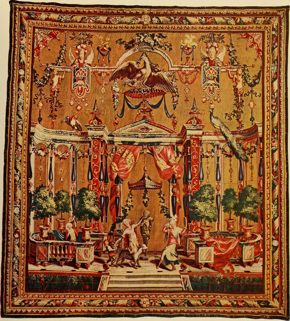 An illustration from Decorative textiles; an illustrated book on coverings for furniture, walls and floors, including damasks, brocades and velvets, tapestries, laces, embroideries, chintzes, cretonnes, drapery and furniture trimmings, wall papers, carpets and rugs, tooled and illuminated leathers, 1918, leaf 312