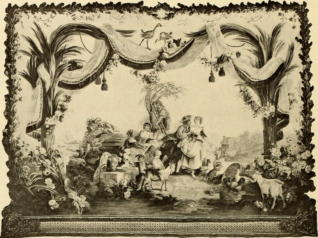An illustration from Decorative textiles; an illustrated book on coverings for furniture, walls and floors, including damasks, brocades and velvets, tapestries, laces, embroideries, chintzes, cretonnes, drapery and furniture trimmings, wall papers, carpets and rugs, tooled and illuminated leathers, 1918, leaf 323