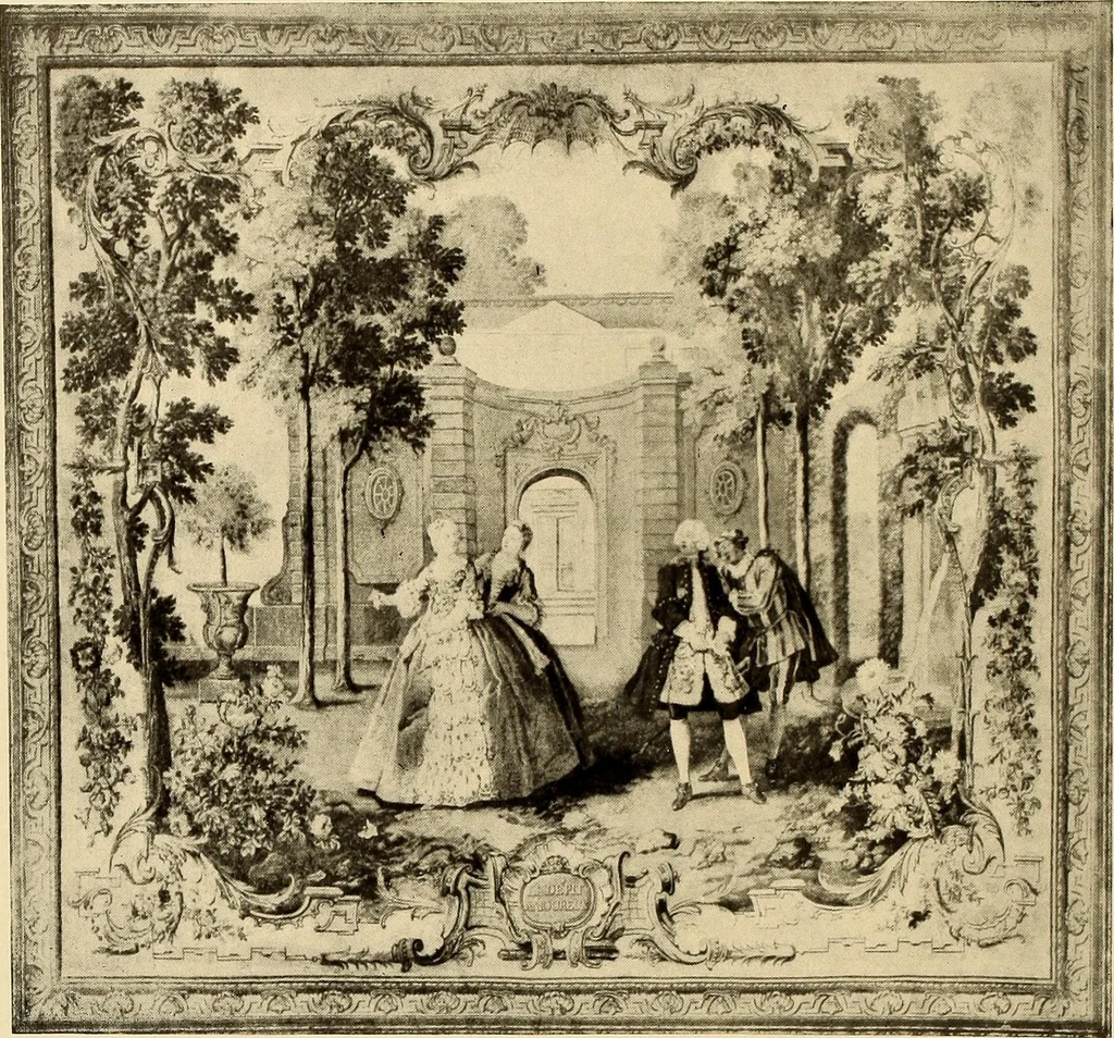 An illustration from Decorative textiles; an illustrated book on coverings for furniture, walls and floors, including damasks, brocades and velvets, tapestries, laces, embroideries, chintzes, cretonnes, drapery and furniture trimmings, wall papers, carpets and rugs, tooled and illuminated leathers, 1918, leaf 325