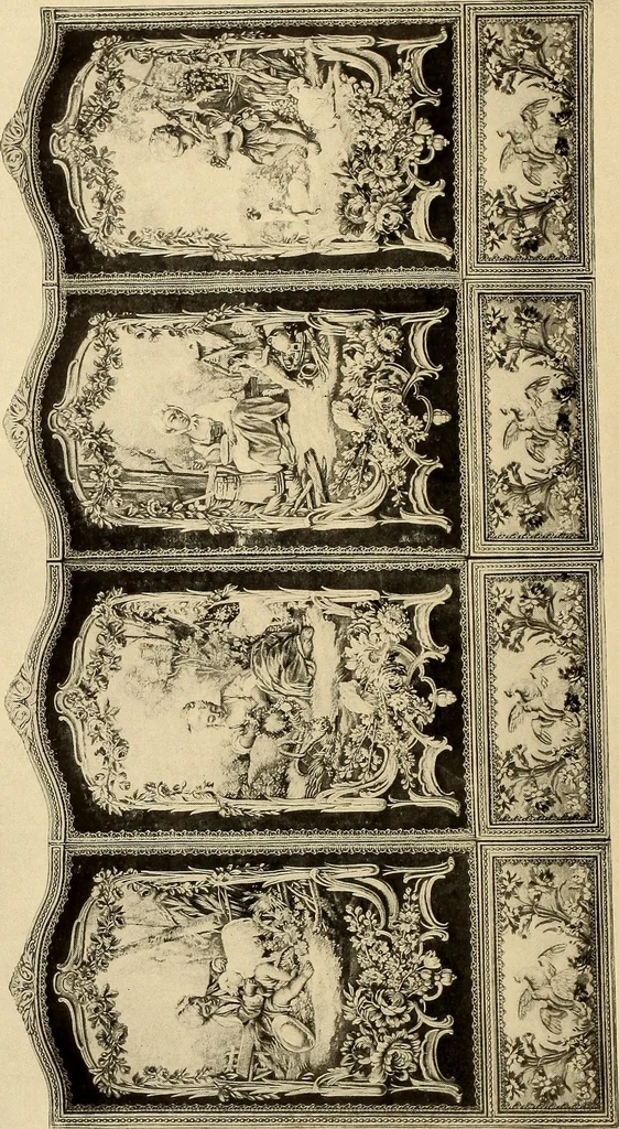 An illustration from Decorative textiles; an illustrated book on coverings for furniture, walls and floors, including damasks, brocades and velvets, tapestries, laces, embroideries, chintzes, cretonnes, drapery and furniture trimmings, wall papers, carpets and rugs, tooled and illuminated leathers, 1918, leaf 329