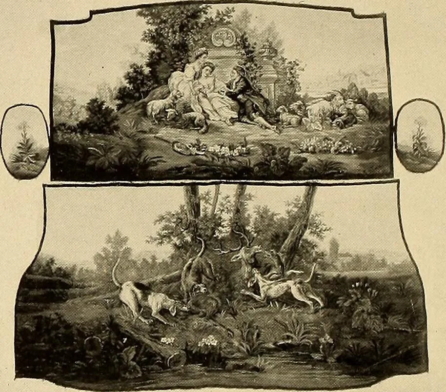 An illustration from Decorative textiles; an illustrated book on coverings for furniture, walls and floors, including damasks, brocades and velvets, tapestries, laces, embroideries, chintzes, cretonnes, drapery and furniture trimmings, wall papers, carpets and rugs, tooled and illuminated leathers, 1918, leaf 339