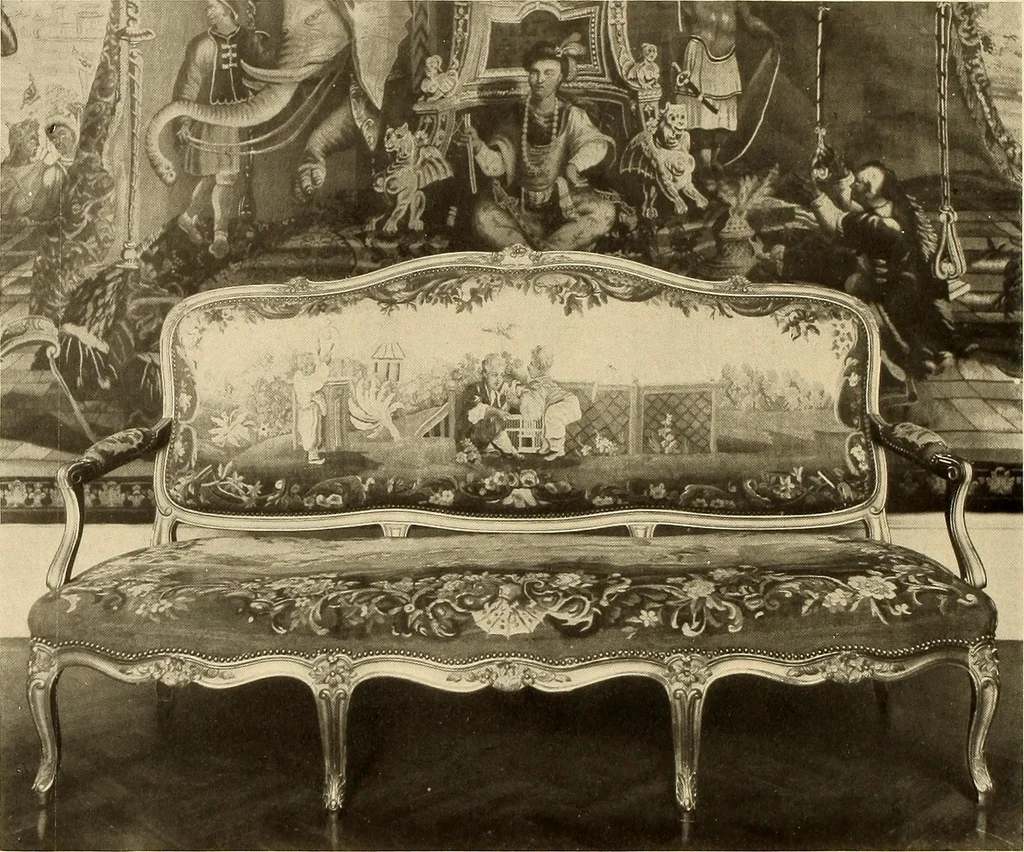 An illustration from Decorative textiles; an illustrated book on coverings for furniture, walls and floors, including damasks, brocades and velvets, tapestries, laces, embroideries, chintzes, cretonnes, drapery and furniture trimmings, wall papers, carpets and rugs, tooled and illuminated leathers, 1918, leaf 341