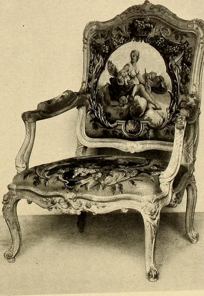 An illustration from Decorative textiles; an illustrated book on coverings for furniture, walls and floors, including damasks, brocades and velvets, tapestries, laces, embroideries, chintzes, cretonnes, drapery and furniture trimmings, wall papers, carpets and rugs, tooled and illuminated leathers, 1918, leaf 343